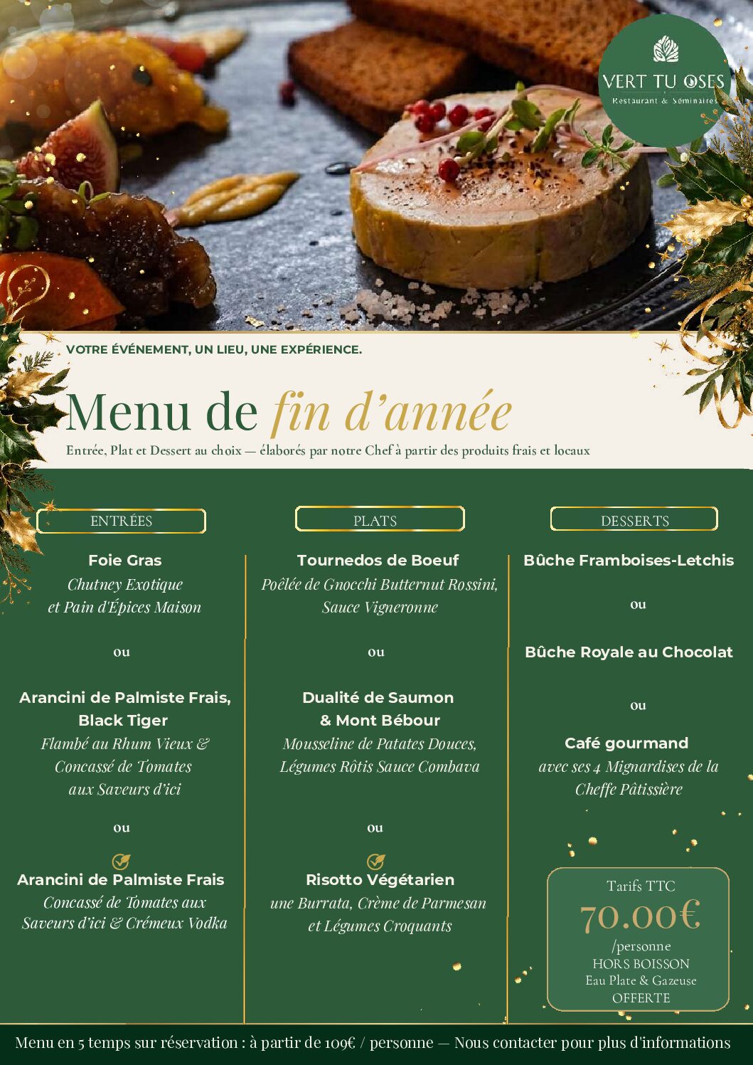 Menu des Fêtes Vert Tu Oses — repas de groupe fin d'année